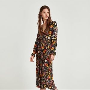 Zara Floral Long Sleeve Midi Dress